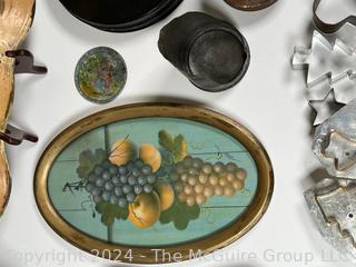 Collection of Primitive Kitchen Ware Including Ritter Ice Cream Maker, Tole Painted Tray, Cookie Cutters, Enamel Graniteware