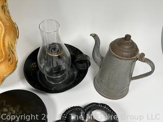 Collection of Primitive Kitchen Ware Including Ritter Ice Cream Maker, Tole Painted Tray, Cookie Cutters, Enamel Graniteware