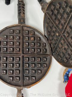 Griswold #8 Cast Iron Waffle Maker, Three (3) SAD Irons & Bull and Toreador Souvenir Set 