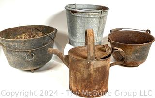 Two (2) Cast Iron Cauldron Kettles, Galvanized Bucket and Watering Can