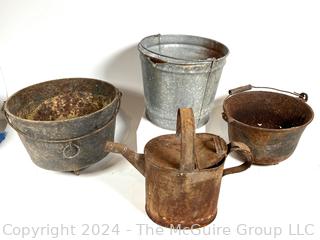 Two (2) Cast Iron Cauldron Kettles, Galvanized Bucket and Watering Can