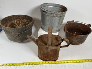 Two (2) Cast Iron Cauldron Kettles, Galvanized Bucket and Watering Can