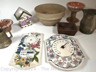 Group Including Pottery Mixing Bowl, Garden Wall Clocks, Etc