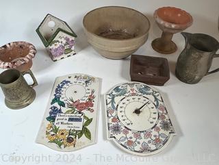 Group Including Pottery Mixing Bowl, Garden Wall Clocks, Etc