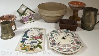 Group Including Pottery Mixing Bowl, Garden Wall Clocks, Etc