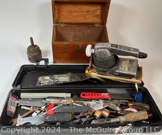 Assorted Hand Tools and Corded Craftsman Sander in Original Wooden Box