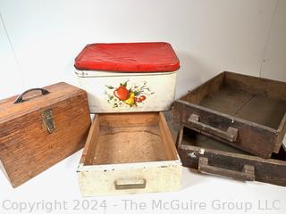 Bread Box, Primitive Tool Box and Wood Drawers