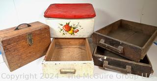 Bread Box, Primitive Tool Box and Wood Drawers