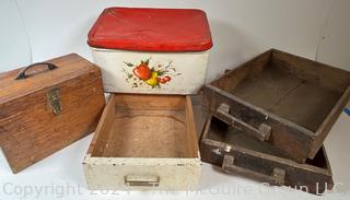 Bread Box, Primitive Tool Box and Wood Drawers