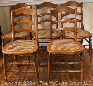 Five (5) Early American Ladder Back Maple and Cane Seat Chairs. 16w x 15d x 33h"