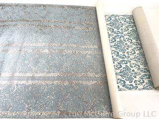 Two (2) Remnants of 1970s Foil & Flocked Wallpaper in Blues.