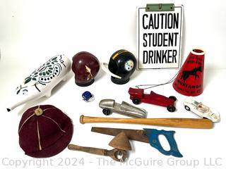 Group of Toys Including Pine Wood Derby Cars, George Mason High School Mini Megaphone, Etc.