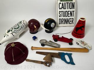 Group of Toys Including Pine Wood Derby Cars, George Mason High School Mini Megaphone, Etc.