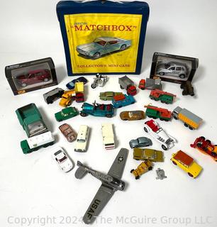 Collection of Diecast Toy Cars, Planes and Matchbox Carrying Case