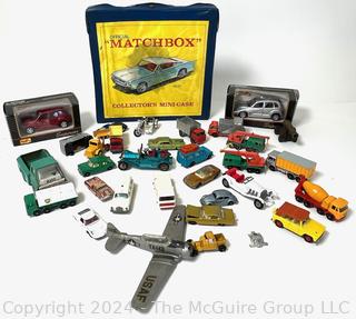 Collection of Diecast Toy Cars, Planes and Matchbox Carrying Case