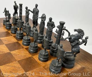 Two (2) Drawer Chess Board Table with Resin Pieces. 22 x 22 x 6"