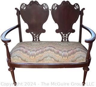 Empire Style Mahogany Shield Back Carved Settee. Measures 39w x 18d x 33h"