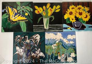 Five (5) Glazed Ceramic Art Tiles.  12" x 12"