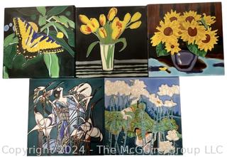 Five (5) Glazed Ceramic Art Tiles.  12" x 12"