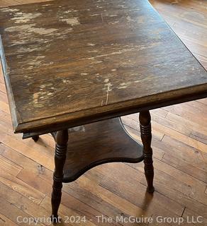 Square Oak Two-Tier Parlor Table With Turned Legs. Measures 21.5 x 22 x 29h"