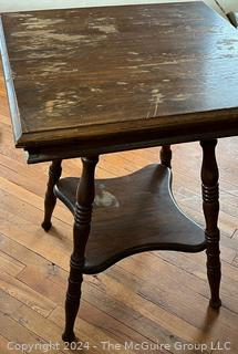 Square Oak Two-Tier Parlor Table With Turned Legs. Measures 21.5 x 22 x 29h"