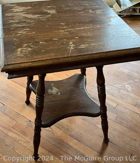 Square Oak Two-Tier Parlor Table With Turned Legs. Measures 21.5 x 22 x 29h"