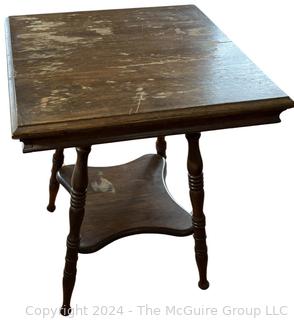 Square Oak Two-Tier Parlor Table With Turned Legs. Measures 21.5 x 22 x 29h"