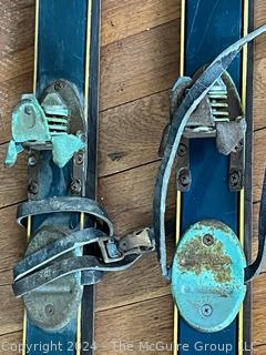 Pair of Vintage Blue Laminated Snow Skis Made by Daventry. 70" long