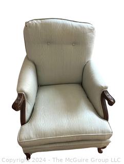 French Provincial Carved Walnut Upholstered Armchair. Measures 30w x 30d x 34h"