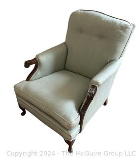 French Provincial Carved Walnut Upholstered Armchair. Measures 30w x 30d x 34h"