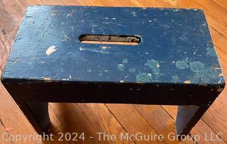 Primitive Blue Painted Wood Step Stool. Measures 13w x 7d x 9.5h"