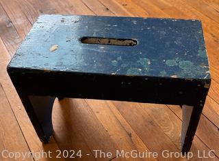 Primitive Blue Painted Wood Step Stool. Measures 13w x 7d x 9.5h"