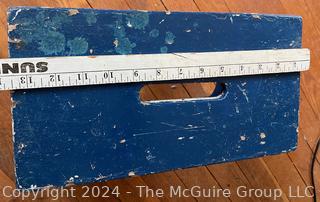 Primitive Blue Painted Wood Step Stool. Measures 13w x 7d x 9.5h"