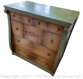 Folk Art Painted Oak Sleigh Dresser or Chest of Drawers with Center Cabinet.   Measures 39w x 23d x 40.5h"