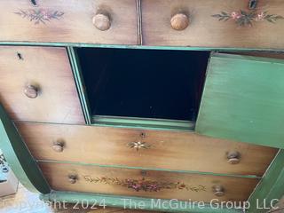 Folk Art Painted Oak Sleigh Dresser or Chest of Drawers with Center Cabinet.   Measures 39w x 23d x 40.5h"