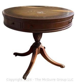 Single Drawer Round Side Pedestal Table with Leather Top. Imperial, Grand Rapids, MI. Measures 28w x 30h"