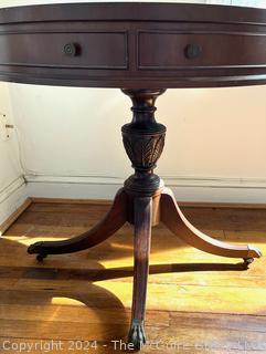 Single Drawer Round Side Pedestal Table with Leather Top. Imperial, Grand Rapids, MI. Measures 28w x 30h"