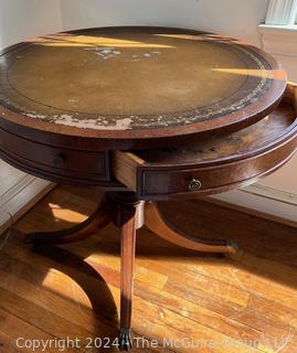 Single Drawer Round Side Pedestal Table with Leather Top. Imperial, Grand Rapids, MI. Measures 28w x 30h"