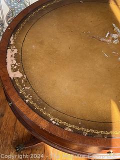 Single Drawer Round Side Pedestal Table with Leather Top. Imperial, Grand Rapids, MI. Measures 28w x 30h"