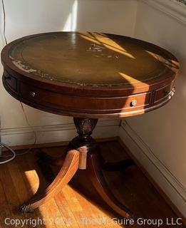 Single Drawer Round Side Pedestal Table with Leather Top. Imperial, Grand Rapids, MI. Measures 28w x 30h"