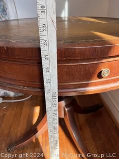 Single Drawer Round Side Pedestal Table with Leather Top. Imperial, Grand Rapids, MI. Measures 28w x 30h"