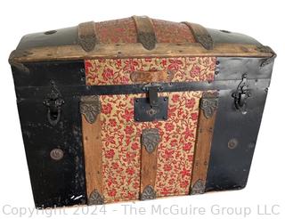 Wood and Filigree Tin Dome Top Steamer Trunk. Measures 26w x 15d x 18h"