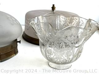 Five (5) Mid Century Glass Ceiling Lights and Etched Lamp Shades