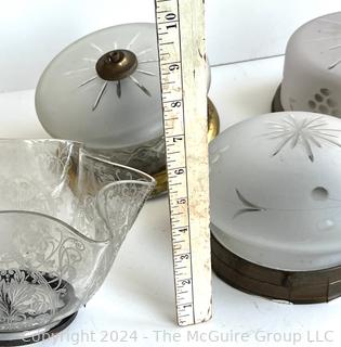 Five (5) Mid Century Glass Ceiling Lights and Etched Lamp Shades