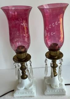 Set of Two (2) Milk Glass Table Lamps with Crystal Prisms and Etched Ruby Glass Shades. 15" Tall