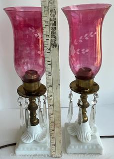 Set of Two (2) Milk Glass Table Lamps with Crystal Prisms and Etched Ruby Glass Shades. 15" Tall