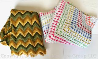 Two (2) Retro Hand Knit Zig Zag Afghan Throws or Blankets