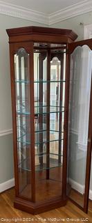 Five (5) Shelf Cherry Glass Lighted Curio Corner Cabinet. Measures 32w x 16d x 80h" 