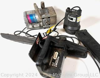 Tools: Sump Pump, Air Compressor and Electric Homelite Chain Saw