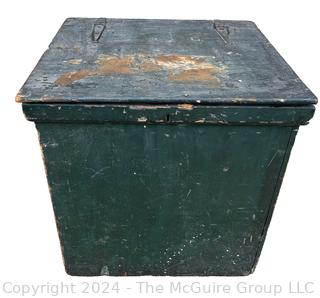 Primitive Green Painted Wood Trunk or Storage Box with Hinged Lid and Iron Fittings. 23" x 24" x 24".